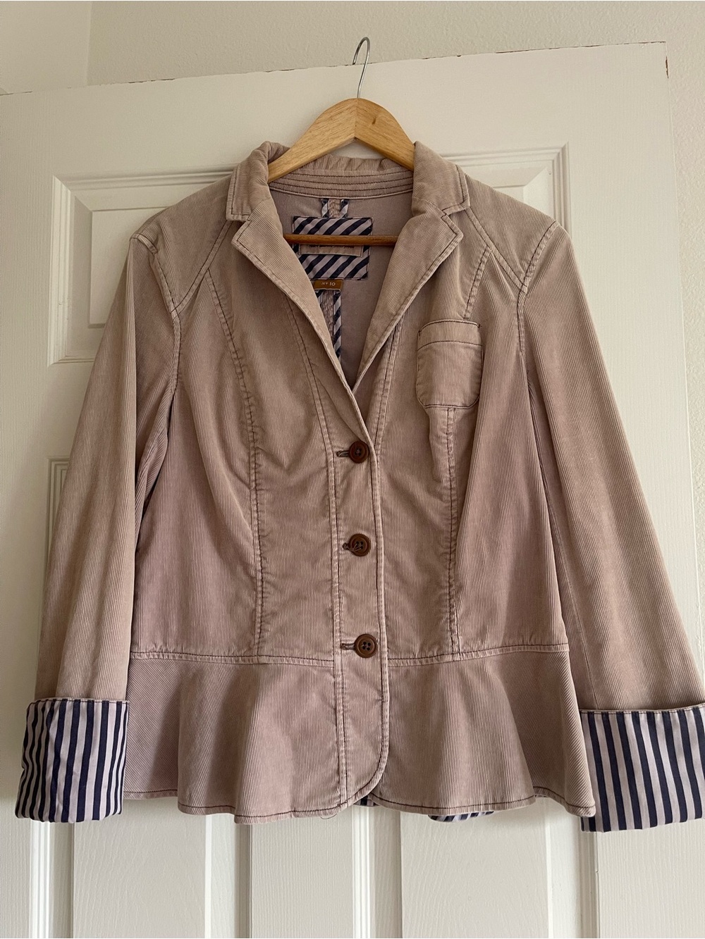 Pilcro - Anthropologie Taupe Peplum Corduroy Blazer with Striped Cuff Detail